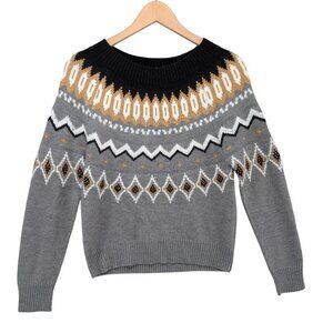 Crown Ivy Fairisle Crew Neck Sweater Womens Grey Black Gold Metallic Size PS